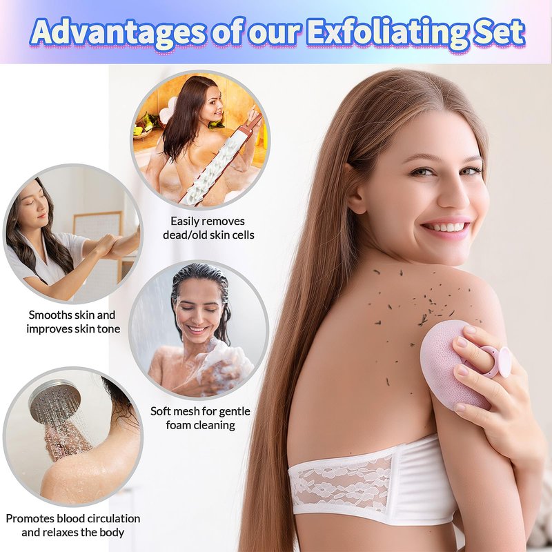 Deep Exfoliating Bath Set 3PCS: 2 Super Soft Sunflower Suction Cup Bath Balls, & 2-in-1 Long Exfoliating Shower Towel, Body & Back Scrubber Exfoliator, Body Massage Scrub & Shower Loofah Sponge
