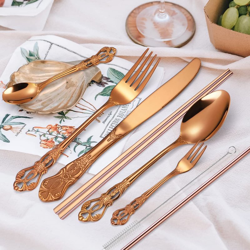 AARAINBOW 7 Pieces Stainless Steel Flatware Set Portable Reusable Cutlery Set Travel Utensils Set Including Chopsticks Knife Fork Spoon Straws Cleaning Brush Dishwasher Safe (G-Blue)