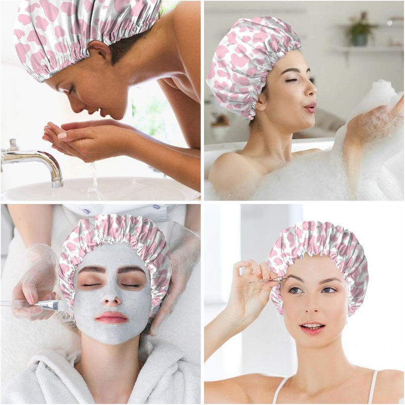 BHAHB 2 PCS Shower Cap Reusable Waterproof Double Layer Elastic Adjustable Hair Bath Caps Cute Aesthetic for Women Girls-Cow leopard