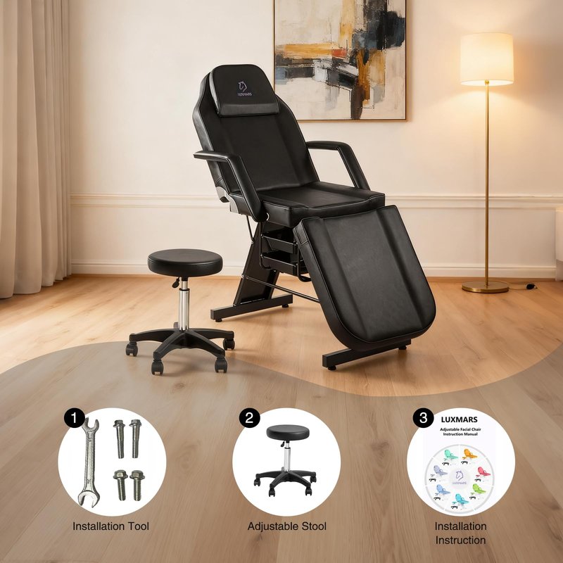 LUXMARS Facial Chair, 73 Tattoo Chair for Client, 3-Section Adjustable Massage Table with Stool, Multipurpose Beauty Beds Salon Equipment for Esthetician, Tattoo Shop, Spa (Black)