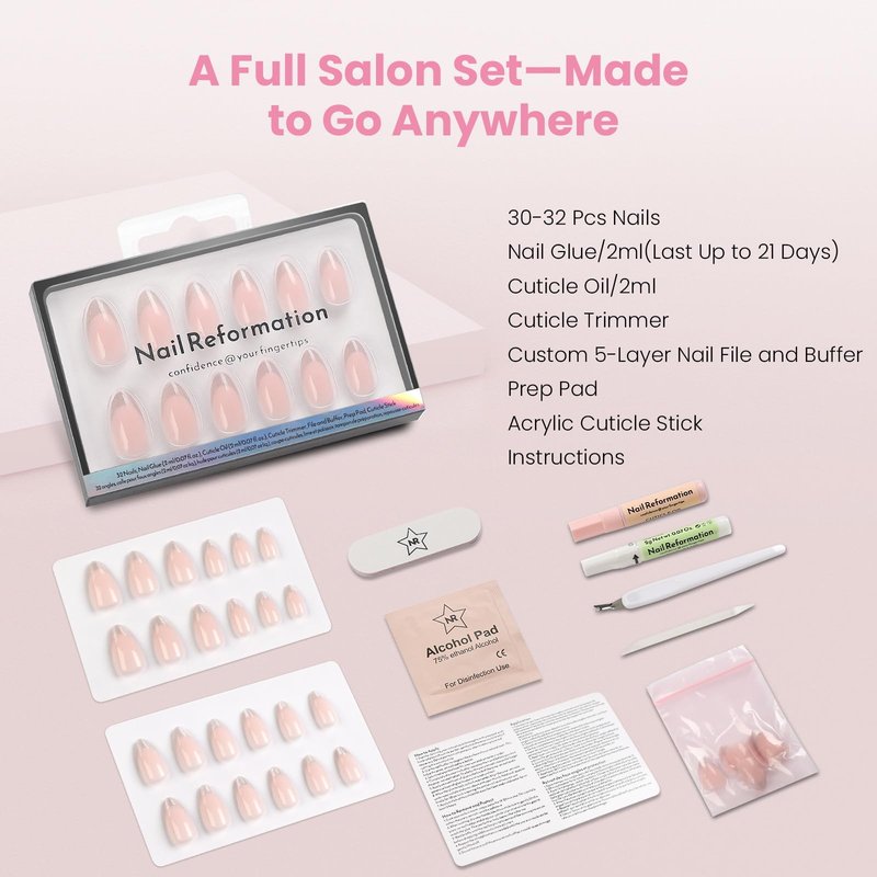 Nail Reformation Press On Nails, Sheer Nude Short Almond Fake Nails in Silver Glitter French Tip with Glossy Finish, Reusable Stick On Nails in 16 Sizes - 32 False Nail Kit with Glue, Gifts for Women