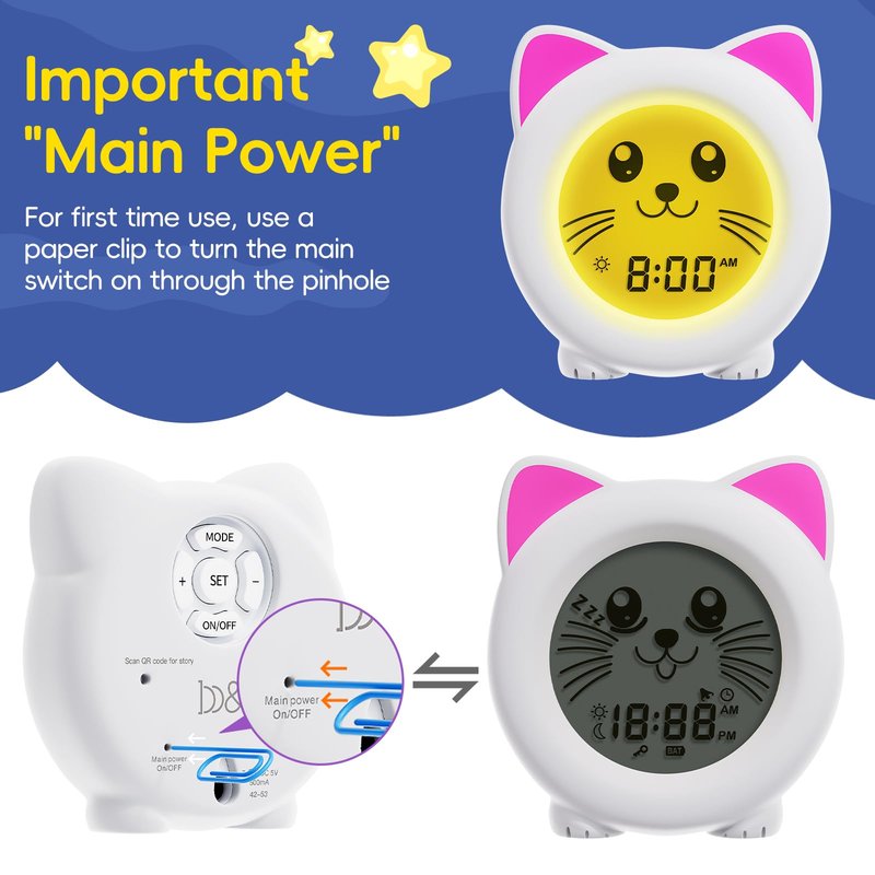 B&H Sleep Trainer Clock for Toddler - Rechargeable Kid Ok to Wake Clock, Cute Cat Girls Alarm Clock, Drop Proof, Night Light, Science-Backed Lighting for Peaceful Sleep and Ready to Rise Mornings