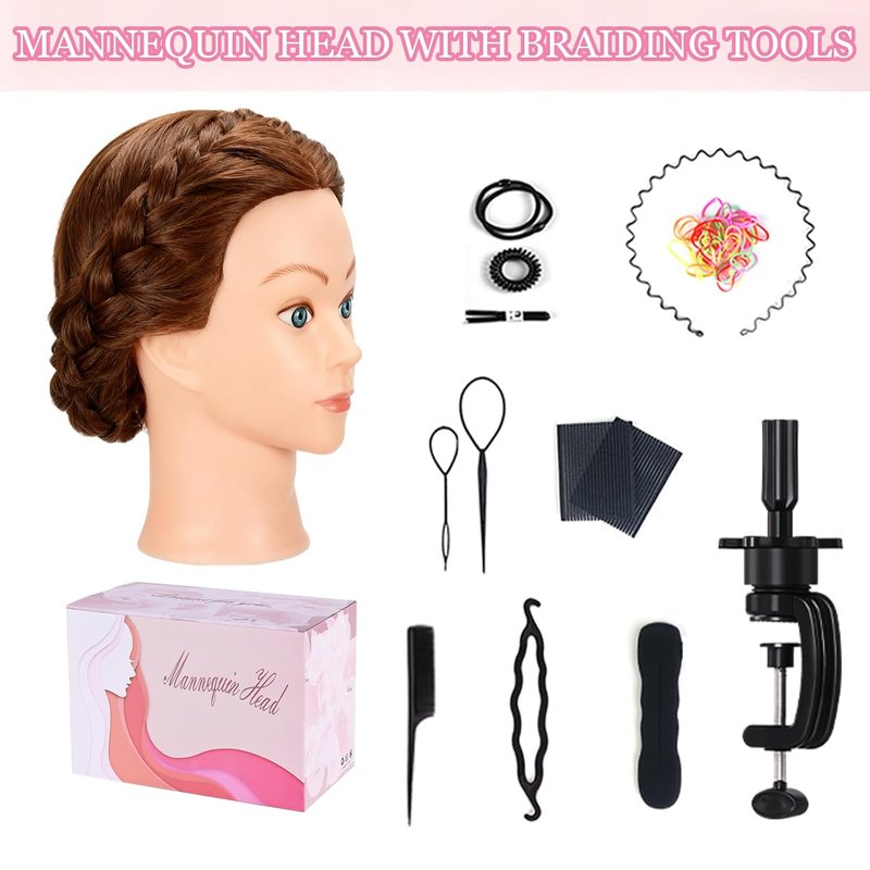 Beauty Star Mannequin Head with 100% Real Human Hair -18inch Doll Styling Head for Braiding Practice & Cosmetology Training, Updos, Manikin Head Includes Clamp Stand(Dark Brown Hair and Blue Eyes)