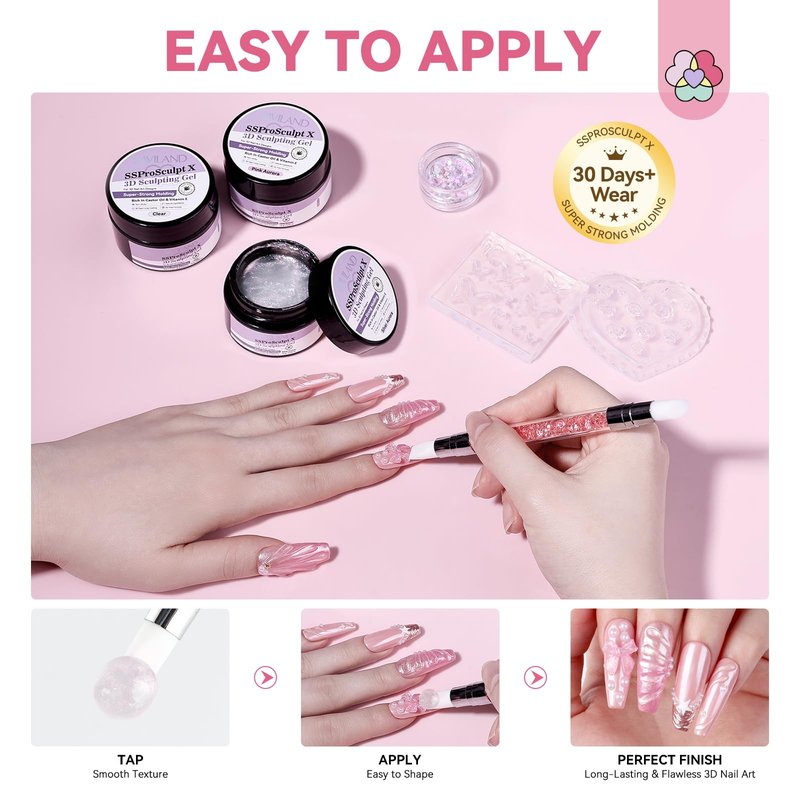 SAVILAND Solid Builder Nail Gel Kit: Aurora Silver Pink Clear 3D Sculpting Gel with Rose Flower Silicone Molds and Dual-Tip Carving Pen for 3D Nail Art Sculpture & Extensions, Home DIY Salon Manicure