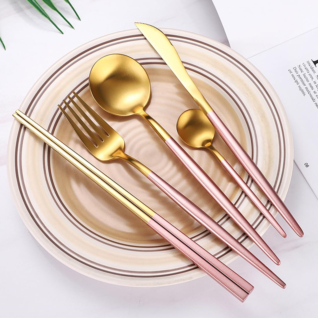 AARAINBOW 8 Pieces Stainless Steel Flatware Set Portable Reusable Cutlery Set Travel Utensils Set Including Chopsticks Knife Fork Spoon Straws Cleaning Brush Dishwasher Safe (Pink Golden)