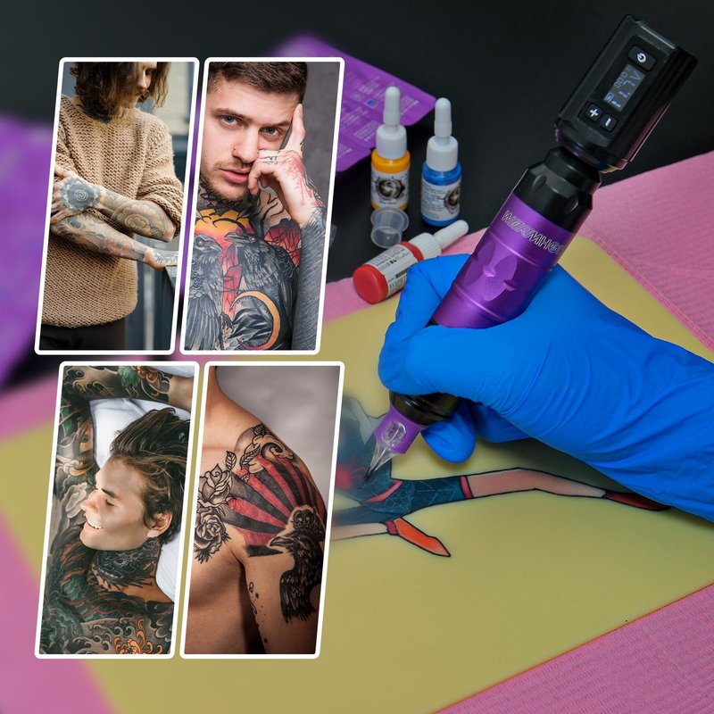 Wormhole Tattoo Gun Tattoo Kit with Wireless Tattoo Machine, 2PCS 1,200mAh Capacity Tattoo Batteries, 20 Cartridge Needles with Finger Ledge, Ink Color Set for Artists-Purple WTK293