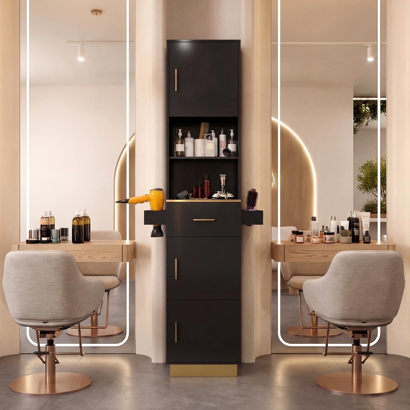 Oakvera Salon Stations for Hair Stylist, Tall Hair Salon Station with 6 Tools Holders, a Drawer, 2 Open Shelves & 3 Large Storage Cabinets for Salon, Spa & Beauty, Black