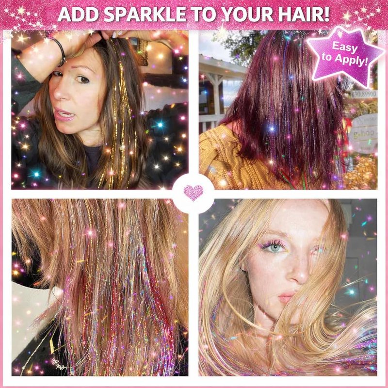 Hair Tinsel Kit, Fairy Tinsel Hair Extensions With Tool 6000 Strands 18 Colors Holographic Heat Resistant Sparkling Hair Glitter for Christmas New Year Party (48 Inch)