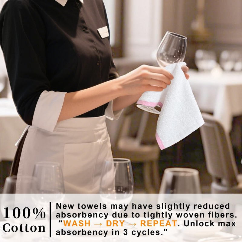 Bar Towels for Kitchen Cotton, Cleaning Rags Pack of 6, 12"x12" - 100% Cotton | No-Odor | 500GSM | Absorb | Soft, Washable Dishcloths for Kitchen, White Reusable Washcloths, Green Trim + Pink Trim