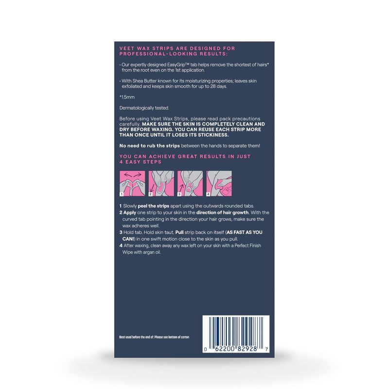VEET Ready-To-Use Waxing Kit For Women, Wax Strips For Body Hair Removal, Wax Kit For Legs and Body, Personal Care Product, Hair Remover, 40ct Waxing Strips (20 Double-Sided), 4ct Body Wipes
