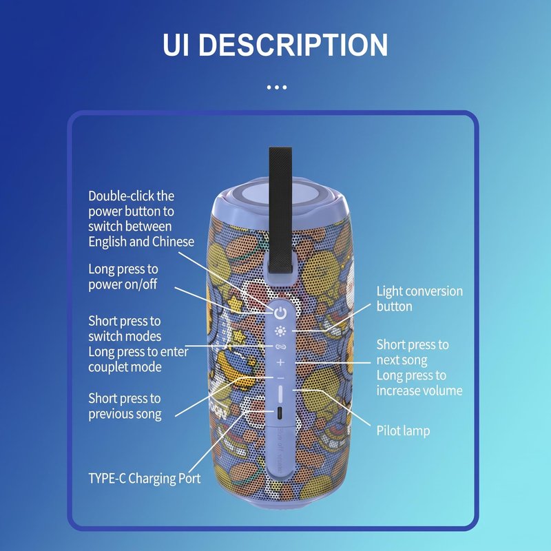 Cute Cartoon Bluetooth Speaker for Girls & Teens, Kawaii Portable Wireless Speaker with RGB Sync Lights, BT 5.3, TWS Pairing, IPX5 Waterproof, 20H Playtime, Birthday Gifts & Room Decor (Blue)
