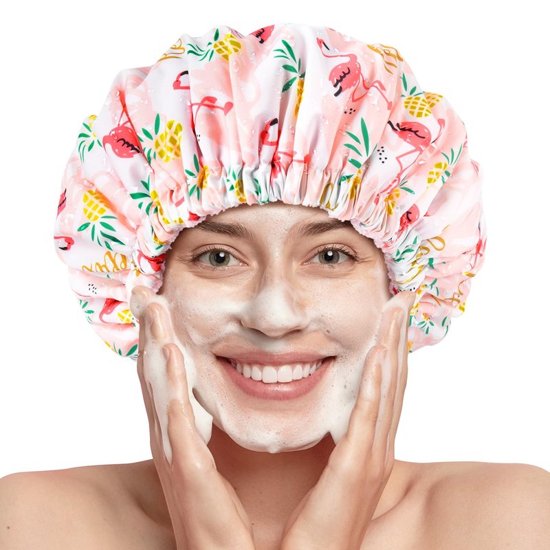 Shower Cap for Women Terry Lined Bath Cap Large Reusable Waterproof Elastic Band Pink Flamingo Shower Caps for Long Thick Hair Soft Bath Shower Hair Caps
