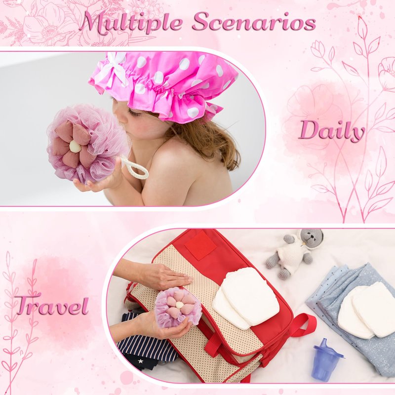 Afarnook 2 Pack Cute Flower Loofah for Women, Bath Loofah Sponge, Mesh Pouf Flower Body Scrubber, Exfoliating Shower Sponge, Bath Scrubber for Sensitive Skin in Beauty Bathing Accessories(Pink)