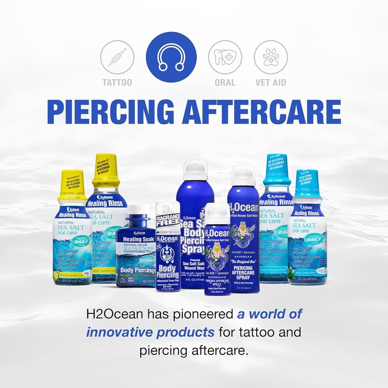 H2Ocean Piercing Aftercare Spray, Saline Spray for Piercings Cleaning Solution, with Sea Salt Nipple, Ear, Nose, Lip, Belly Piercings Cleaning Spray with Sea Salt & Bump Treatment, Set of 2