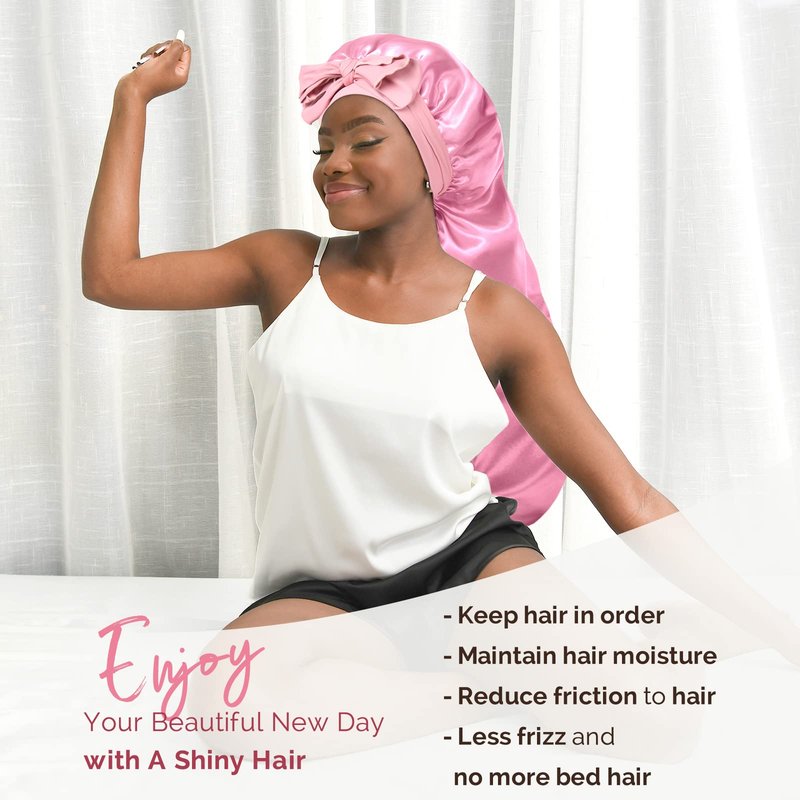 YANIBEST 2Pcs Silk Bonnet for Sleeping Braid Bonnet for Long Hair with Tie Band for Black Women Curly Hair Locs, Black&Pink