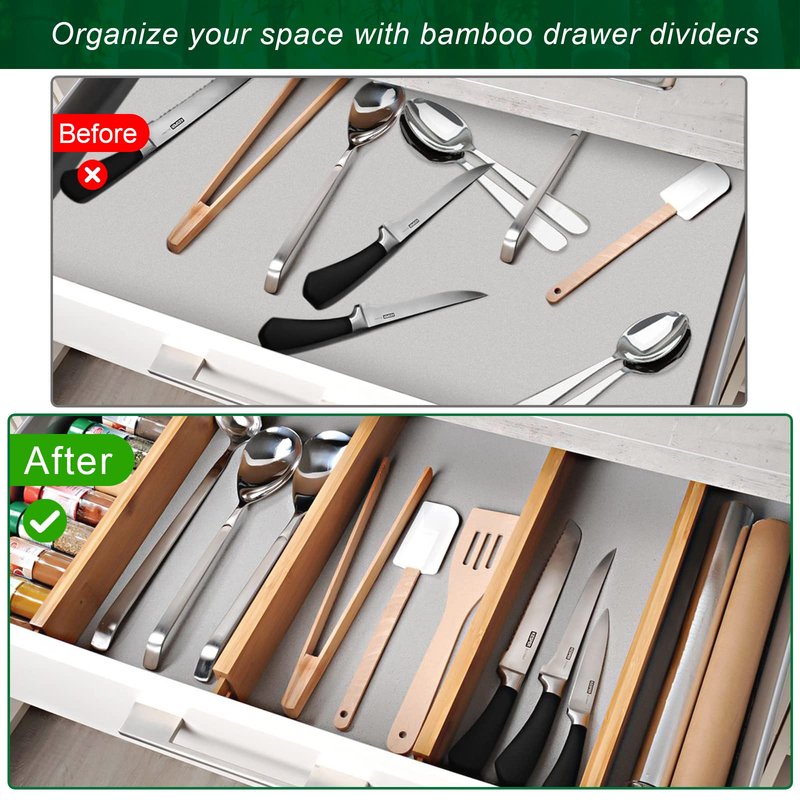 4 Pack Bamboo Drawer Dividers 2.6" High, Adjustable Length from 12 Inch to 17 Inch, Expandable Kitchen Drawer Organizer Separators for Clothes, Kitchen, Bedroom, Dresser, Office (Beige)