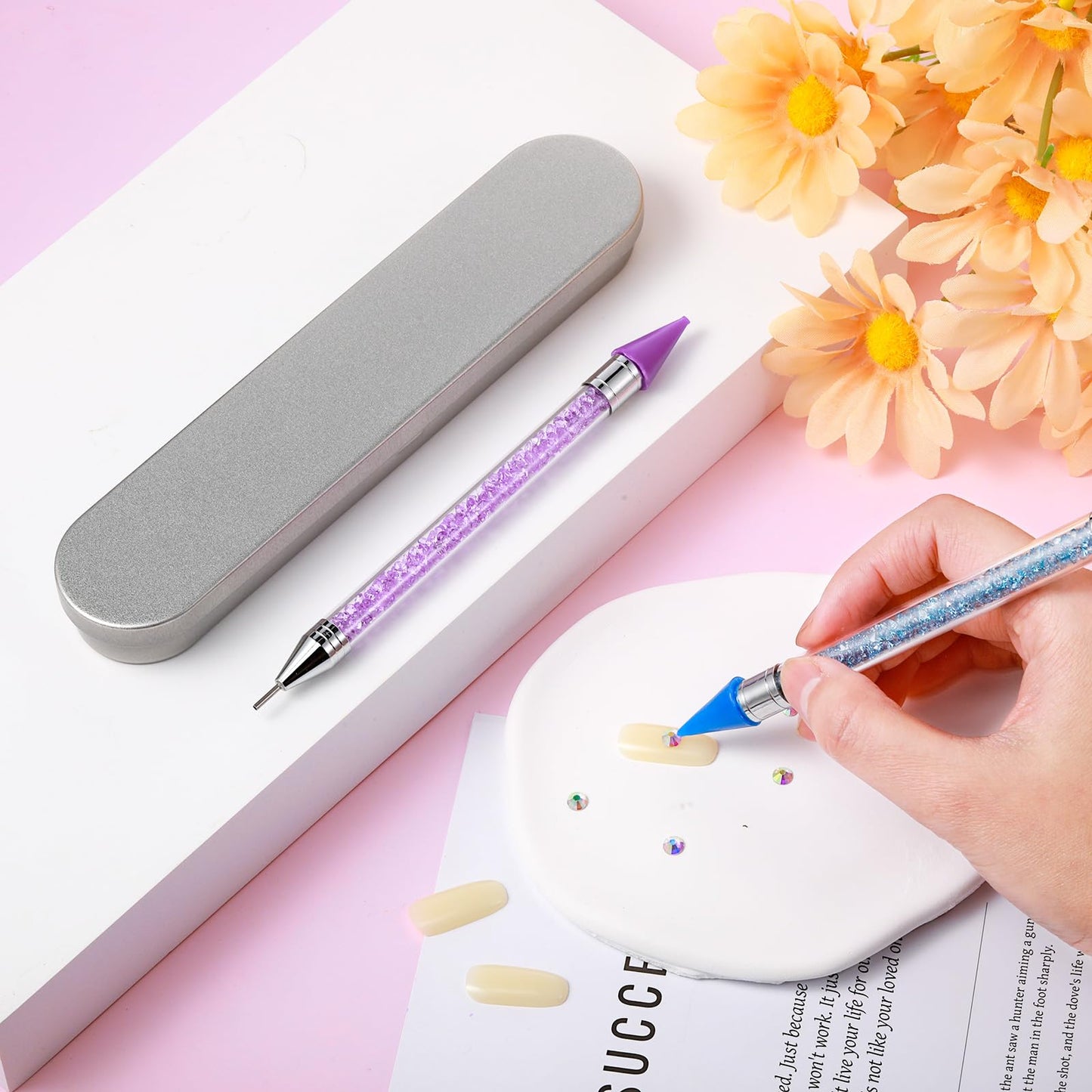 Tatuo 2 Pcs Nail Rhinestone Picker Tool Dual Ended Wax Pen Gem Picker Tool Dotting Pen for Nail Art DIY Rhinestones Dotting Gems Stones Crystals and Charms(Purple, Blue)