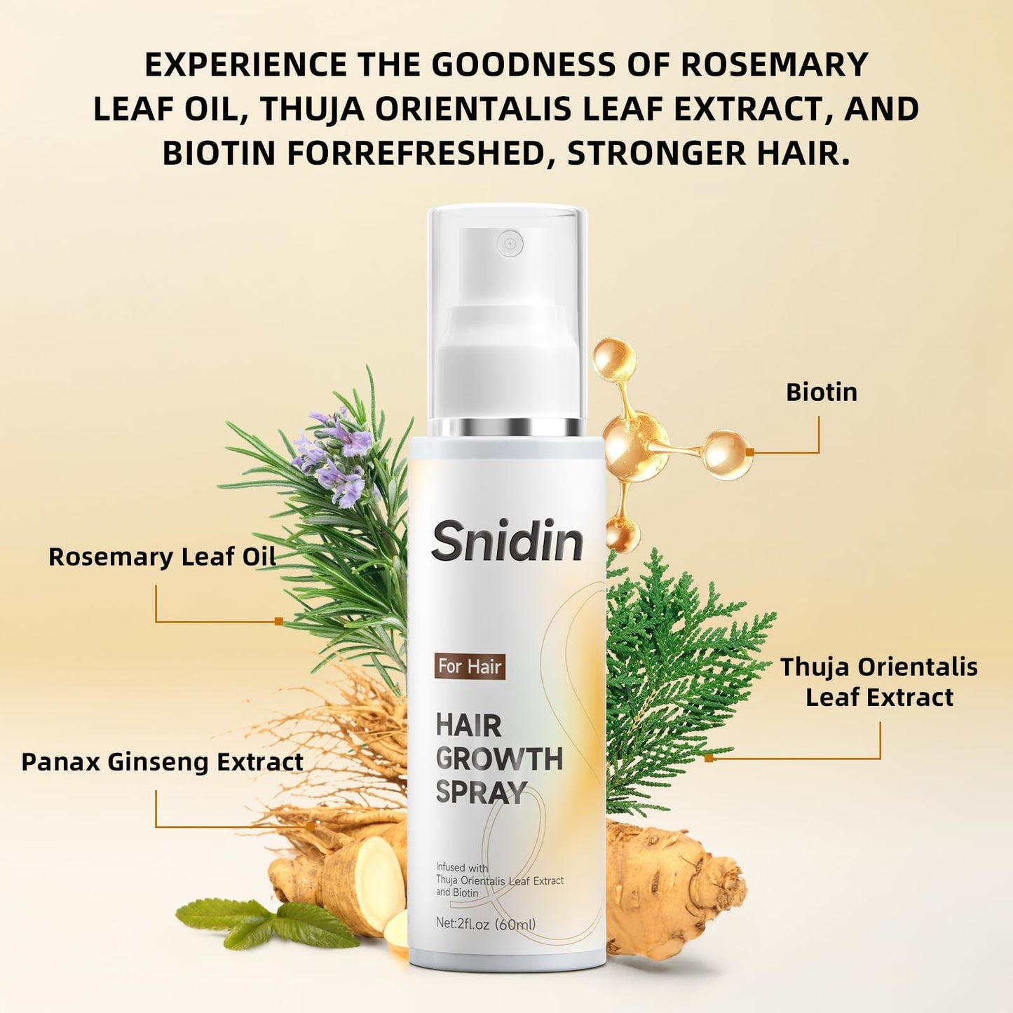 Snidin Hair Growth Spray –Biotin & Rosemary oil -Multi-Effect Scalp Treatment for Thinning Hair – With Ginseng & Arborvitae for Strengthening & Shine – 60ml per Bottle