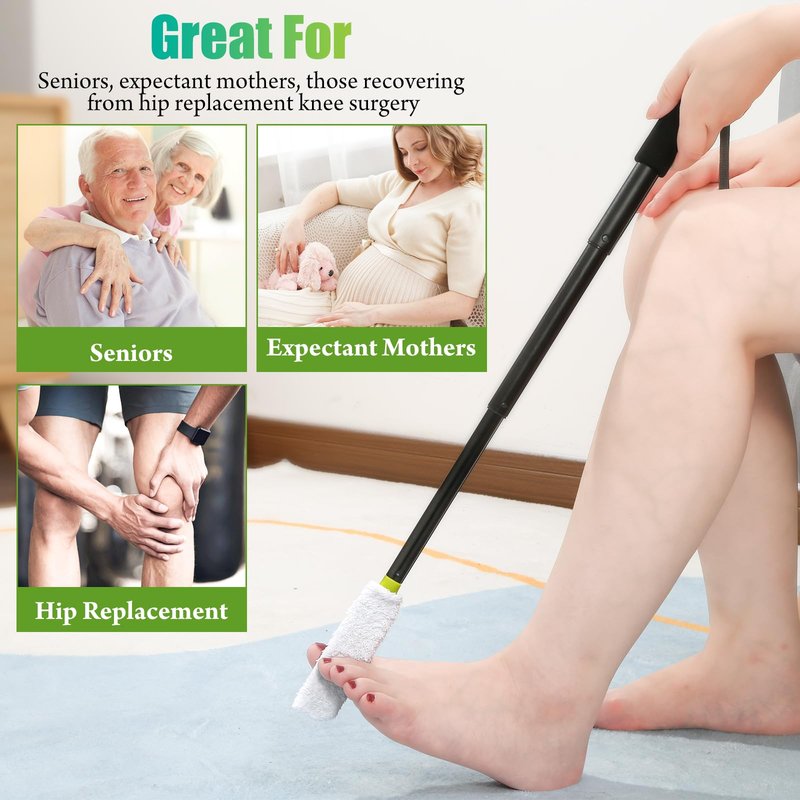 LYIGEOL Toe Cleaning Brush,Foot Brush with Reusable Drying Covers.Foot Scrubber with Telescopic Aluminum Alloy 12"-24",Long- Handled Toe Lotion Applicator for Seniors,Elderly, Disabled Men and Women