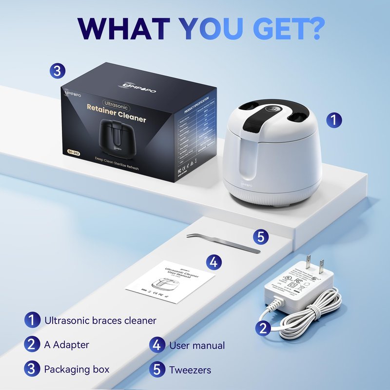 UMPOPO Ultrasonic Retainer Cleaner Machine 48kHz, Dental Cleaning Pod, Ultrasonic Retainer Cleaner for Dentures, Aligners, Mouth Guards, Toothbrush Heads and Jewelry with 200ML Capacity, LAB Supply