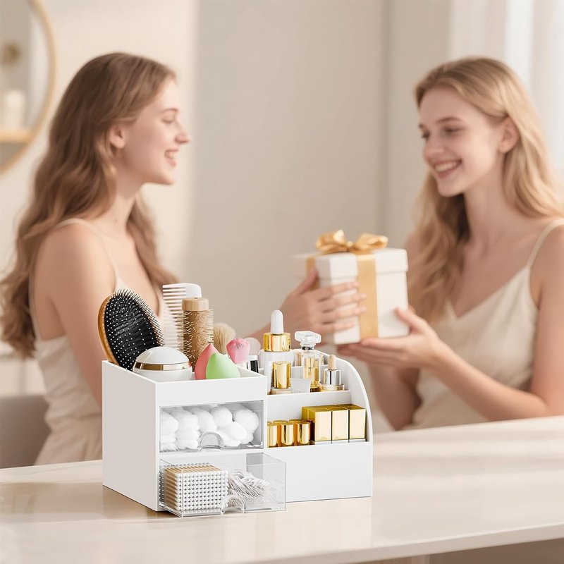 Skiennix Makeup Organizer - 2 Drawer Vanity Storage with Brush Holder | White Countertop Display Case