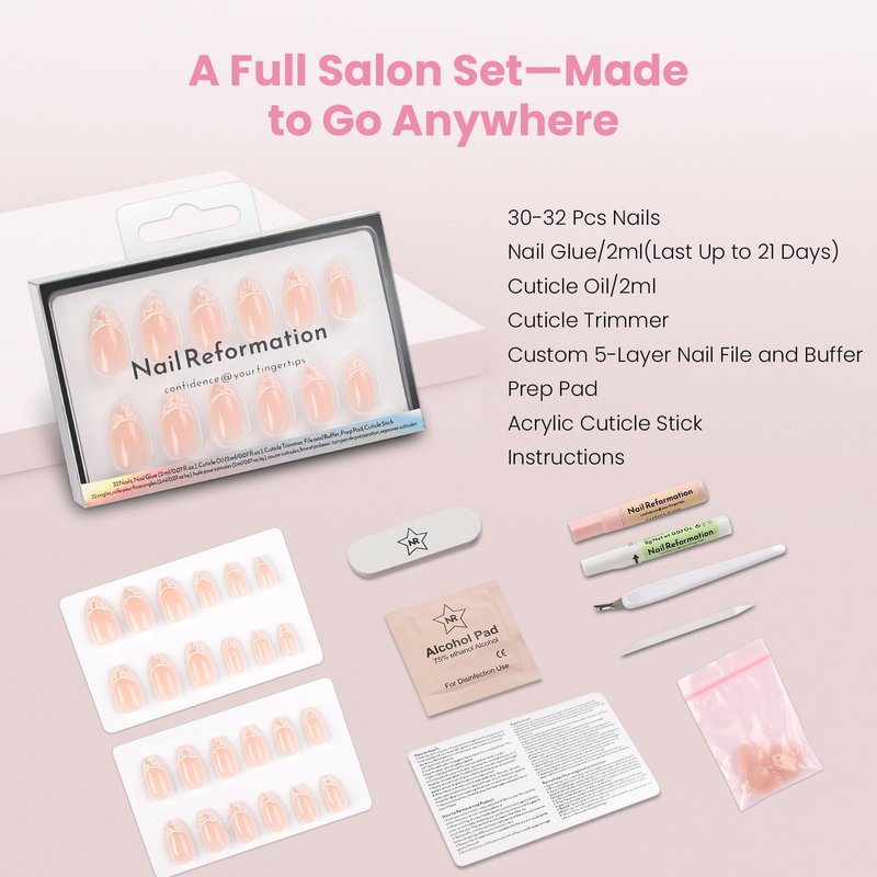 Nail Reformation Press On Nails, Petal Lace | Neutral Short Almond Fake Nails with White Floral Lace French Tip in Glossy Finish, Reusable Stick On Nails in 16 Sizes - 32 Nail Kit for Women Gifts