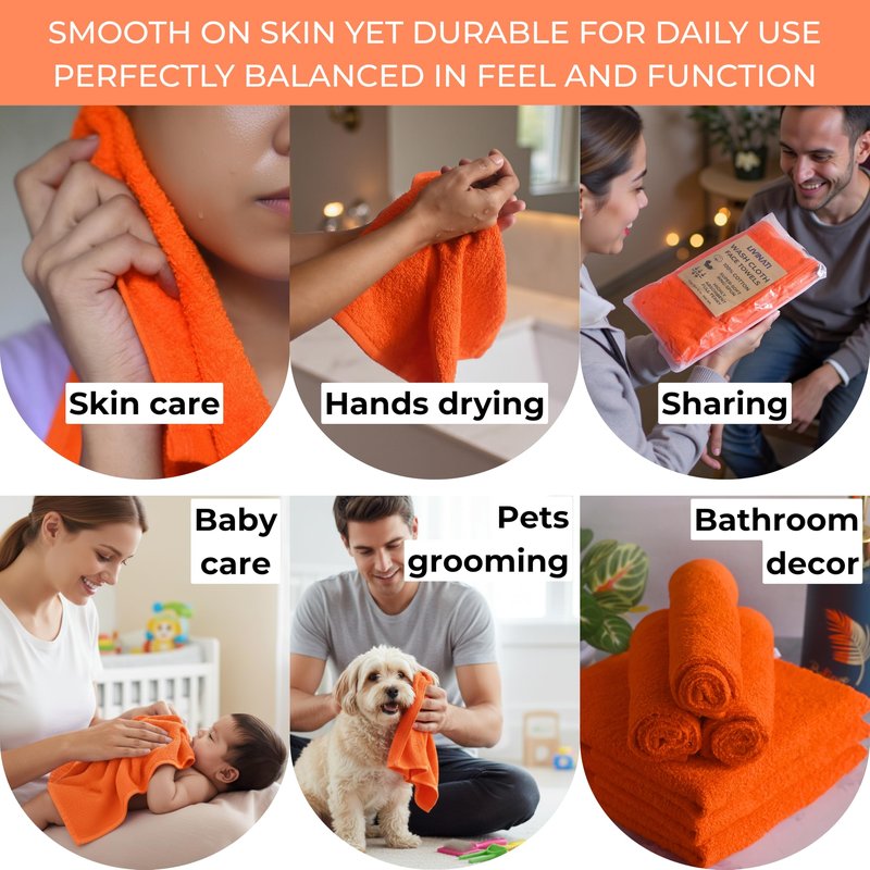 LIVINATI Orange 100% Cotton Wash Cloths for Showering Body and Face - 12"X12" 6 Pack Washcloths - Small Terry Towel Bath Rags for Adults and Kids Bathroom - Soft Absorbent