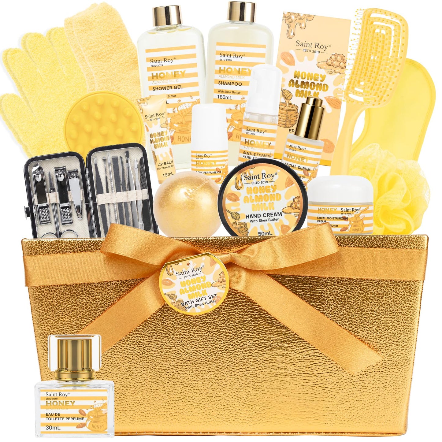 34 Pcs Skin care kit Spa Gift Set for Women & Men, Honey & Almond Milk Bath & Body Gift Basket, Face Skin Care Kit with Shower Gel, Self-Care Manicure, Birthday, Christmas, Mother Day, Anniversary