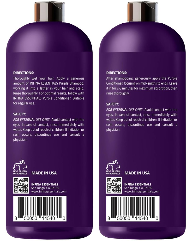 INFINA ESSENTIALS Purple Shampoo and Conditioner Set - Sulfate Free, Enriched with Coconut Oil & Aloe Vera, Ideal for Blonde, Gray, Brassy & Color Treated Hair, Nourishes & Hydrates - 16 fl oz each