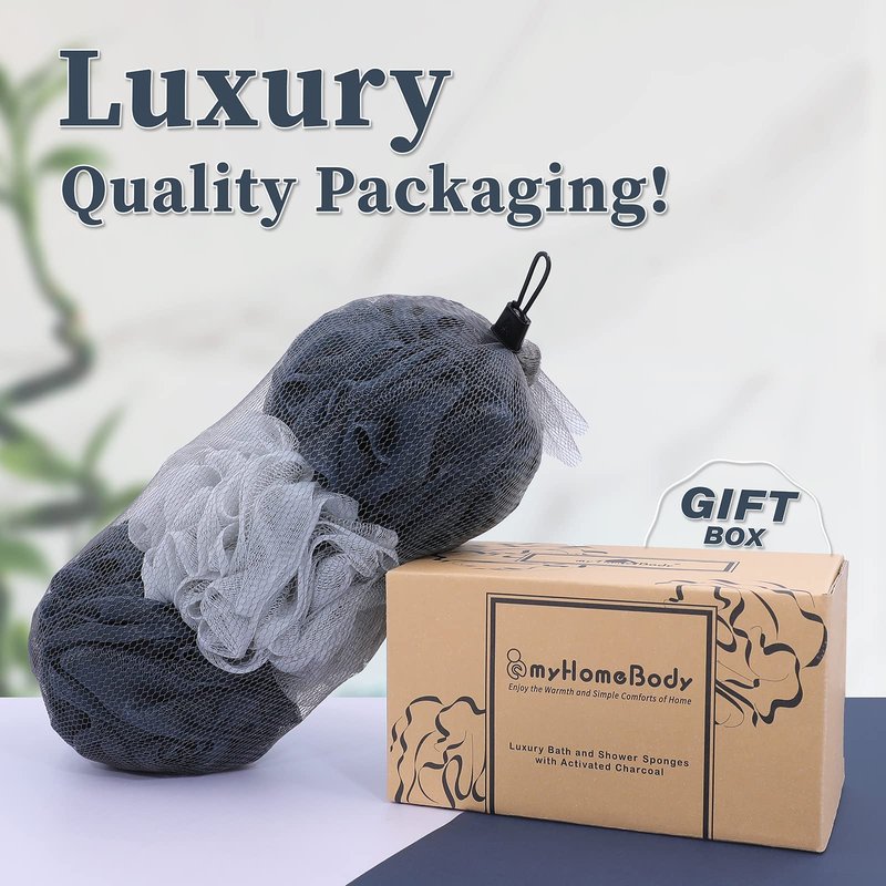 myHomeBody 60g Loofah Sponge, Body Scrubber, Bath Sponge, Loofah for Women, Men, Exfoliating Sponge Shower Pouf with Activated Charcoal – 3 Pack, 2 Midnight Blue + 1 Fog Gray