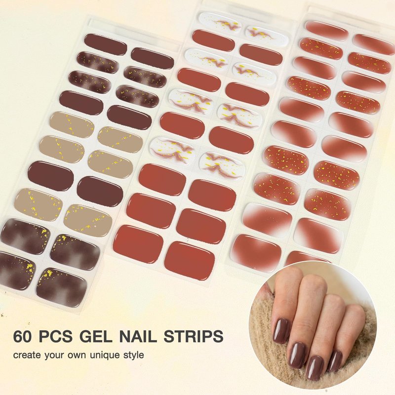 SIUSIO 3pcs Semi Cured Gel Nail Strips Burgundy Red with Gold Glitter, UV Press On Gel Nail Wraps for Women Girls DIY, Easy Apply & Remove, Valentine’s Day & Christmas Nail Art