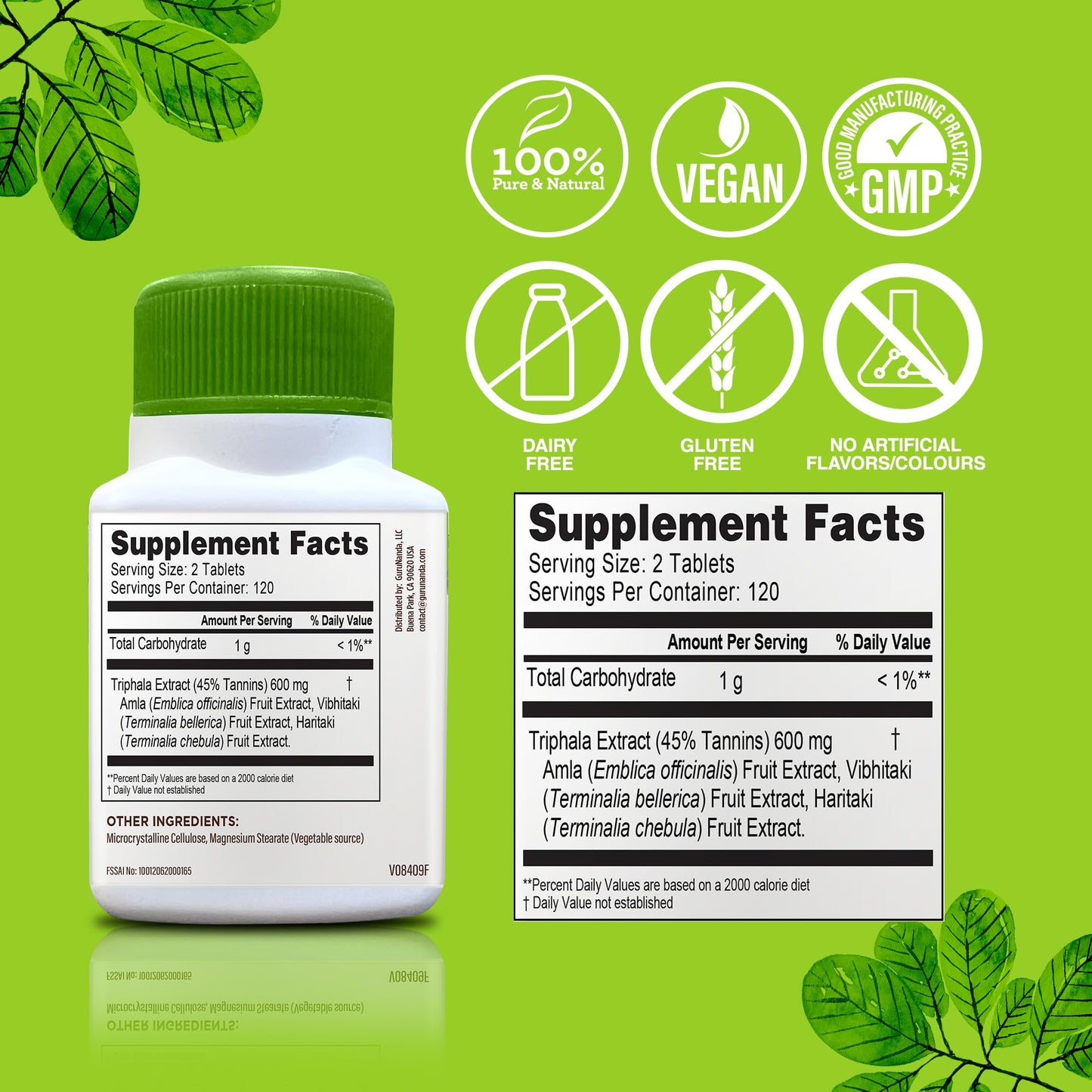 GuruNanda Digestiva Triphala - Dietary Supplement with Amla, Haritaki & Bibhitaki to Promote Nutrient Absorption, Support Digestion & Help with Bloating - 240 Vegan Tablets