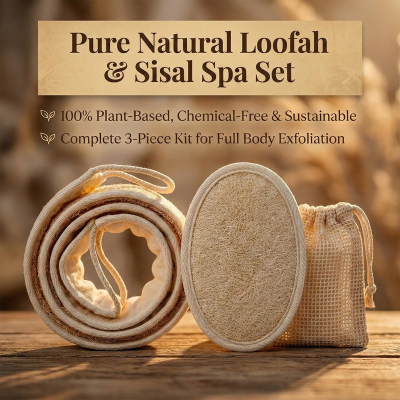 JouiiSiYa Natural Loofah Back Scrubber for Shower for Men and Women, Exfoliating Loofah Sponge with Soap Saver (1Back+1Pad+1Bag)