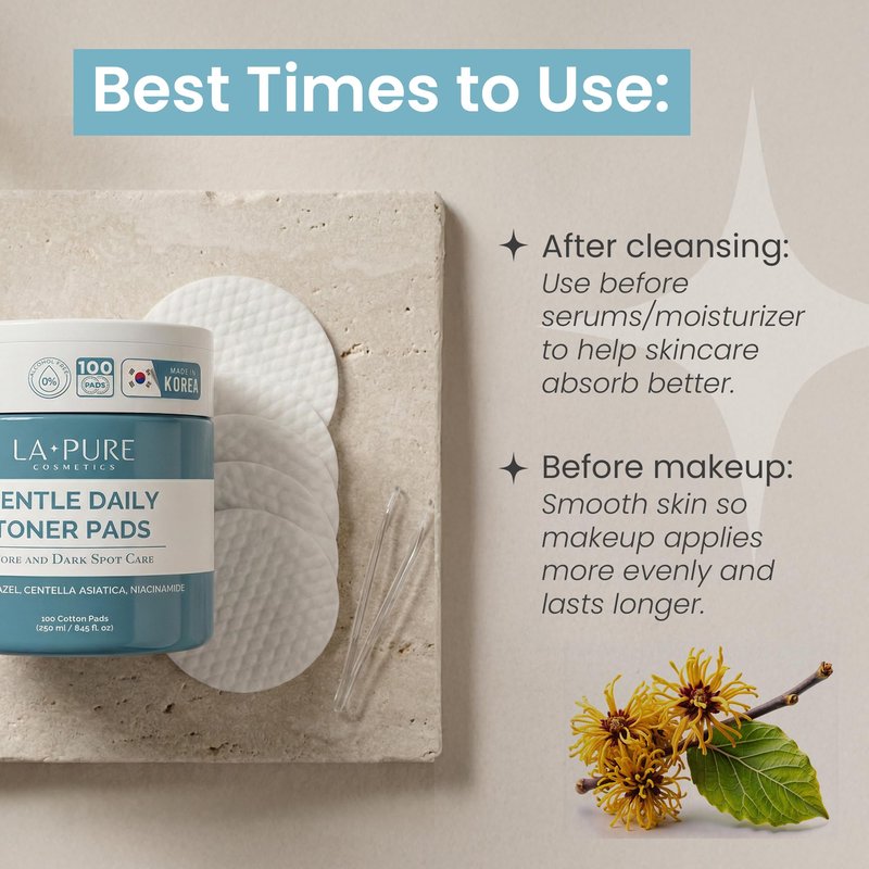 LA PURE Korean Toner Pads for Face - Alcohol-Free Exfoliating Pads with Witch Hazel, Centella Asiatica & Niacinamide to Exfoliate, Hydrate, Refine Pores & Improve Look of Dark Spots, 100 Ct
