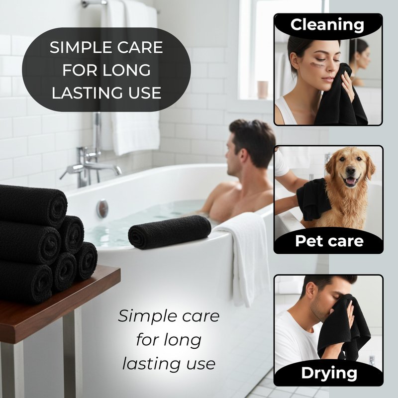 LIVINATI Black 100% Cotton Wash Cloths for Showering Body and Face - 12"X12" 12 Pack Washcloths - Small Terry Towel Bath Rags for Adults and Kids Bathroom - Soft Absorbent