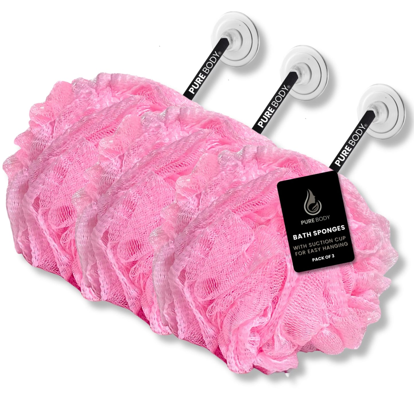 Large Bath Sponge Pack of 3 – Gentle Exfoliation Loofahs with Suction Cup, 70G Mesh Poufs for All Skin Types, Lather for Daily Use (Light Pink)