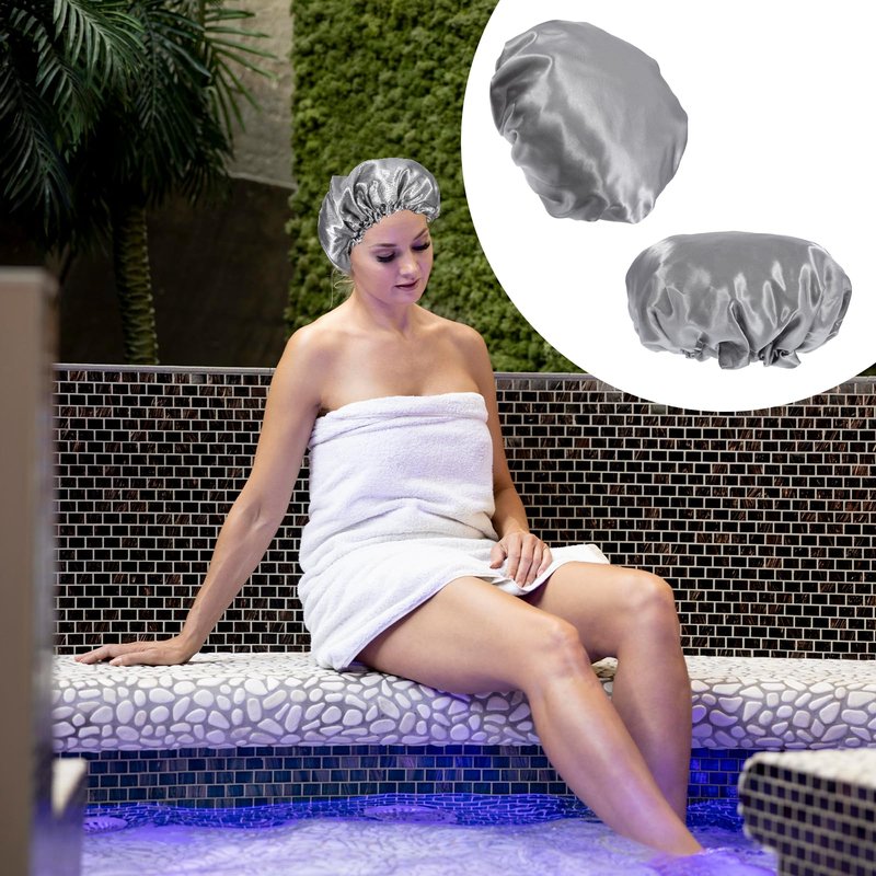 Ymapinc Reusable Shower Caps for Women, Waterproof Hair Shower Cap Adjustable Hair Cover Large Gray Layer Bonnet for Girls Spa Home Salon Use