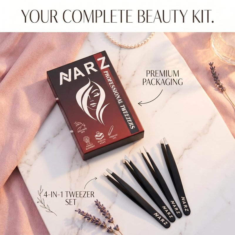 NARZ Professional Stainless Steel Tweezers Set - Precision Facial Hair & Eyebrow Tweezers for Men & Women | Black 4-Piece Set