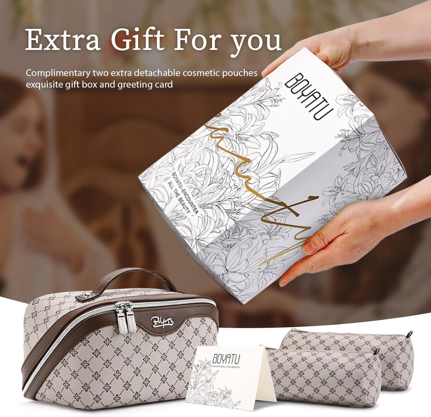Travel Makeup Bag Set - 3 Pcs Large Capacity Vegan Leather Cosmetic Organizer | Khaki