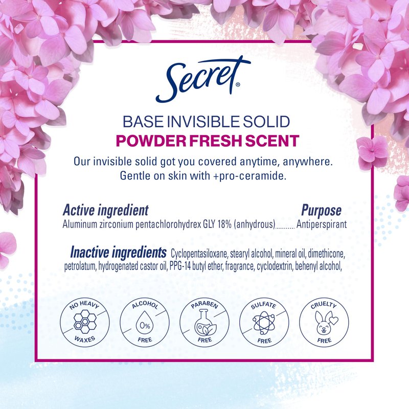 Secret Antiperspirant and Deodorant for Women, 24hr Sweat & Odor Protection, PH Balanced Protection, Gentle on Skin, Invisible Solid, Powder Fresh Scent, 2.6 oz (Pack of 4)