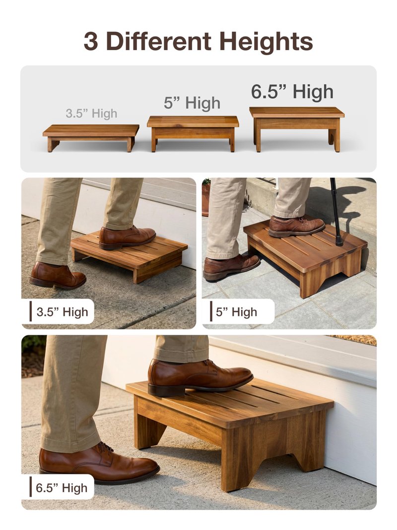 TINAMO 3.5" Acacia Wood One Step Stool for Adults (No Assemble Required)- 500 Lbs Wooden Step Stools Heavy Duty for High Bed Riser, Bathroom, Bedroom - Small Stepping Stool for Elderly, Seniors, Kids