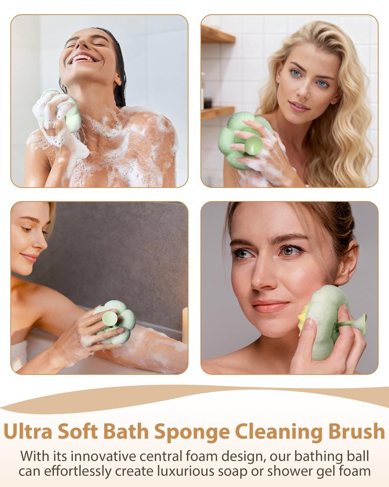 2 Pcs Bath Sponge, 2026 Upgrade Super Soft Yellow Flower-Shaped Suction Cup Bath Sponge, Upgraded 2-in-1 Flower-Shaped Ball Exfoliating Bath loofah Cleaning Brush, Mesh Shower Body Sponge(2 Color
