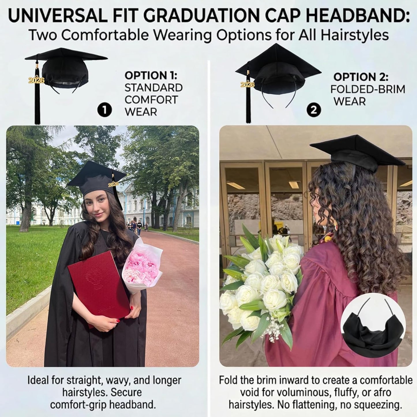 TERSE Graduation Cap Headband Insert for Hair, Secure Fit Grad Cap Head Band for Curly and Thick Natural Hair, No-Slip Headband for Graduation Caps for Women and Men, Black