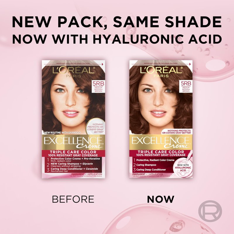 L'Oreal Paris Excellence Crème Permanent Hair Dye, Triple Care Hair Color with Hyaluronic Acid for 100% Gray Coverage, 5RB Medium Reddish Brown, 1 Kit (Pack of 2) (Packaging May Vary)