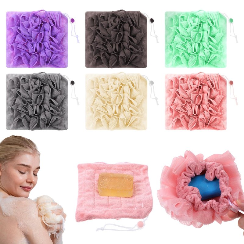 6 Pack Washcloth Loofah Combo, 2 in 1 Drawstring Loofah Sponge with Bar Soap Pocket Exfoliation Mesh Shower Puff Ball for Body Wash Cleansing and Smooth Skin (6 Colors, 6.7 x 6.7 Inch)