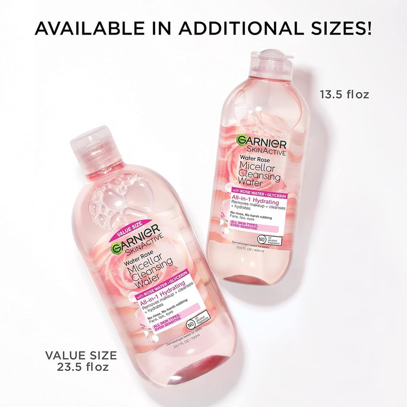 Garnier Micellar Water - Hydrating Facial Cleanser & Makeup Remover with Rose Water | 13.5 Fl Oz (400mL), 2 Count