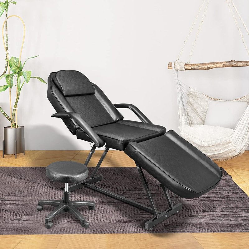 OmySalon Massage Salon Tattoo Chair Esthetician Bed with Hydraulic Stool,Multi-Purpose 3-Section Facial Bed Table, Adjustable Beauty Barber Spa Beauty Equipment, Black