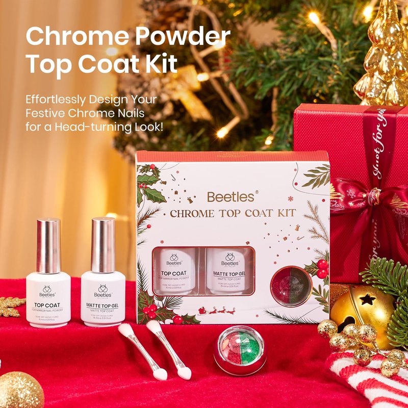 Beetles Gel Top Coat for Chrome Nail Powder, 15ml Chrome Top Coat,15ml Matte Top Coat with Red Green Mirror Chrome Powder Shiny Gloss No Wipe Long Lasting Soak Off Nail Lamp for Nails Art