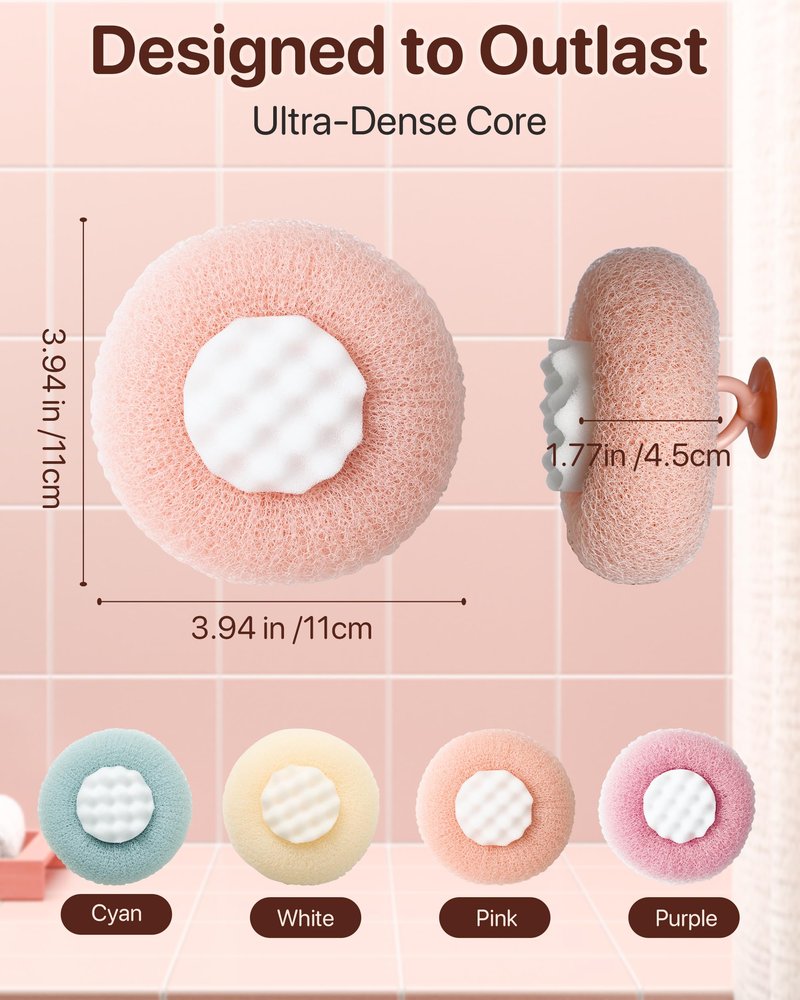 Super Soft Sunflower Suction Cup Bath Sponge loofah, 2026 Upgraded 2-in-1 Sunflower Ball Exfoliating Bath Sponge Cleaning Brush, Mesh Shower Body Sponge Accessories for Women, Men Shower (4 Color)