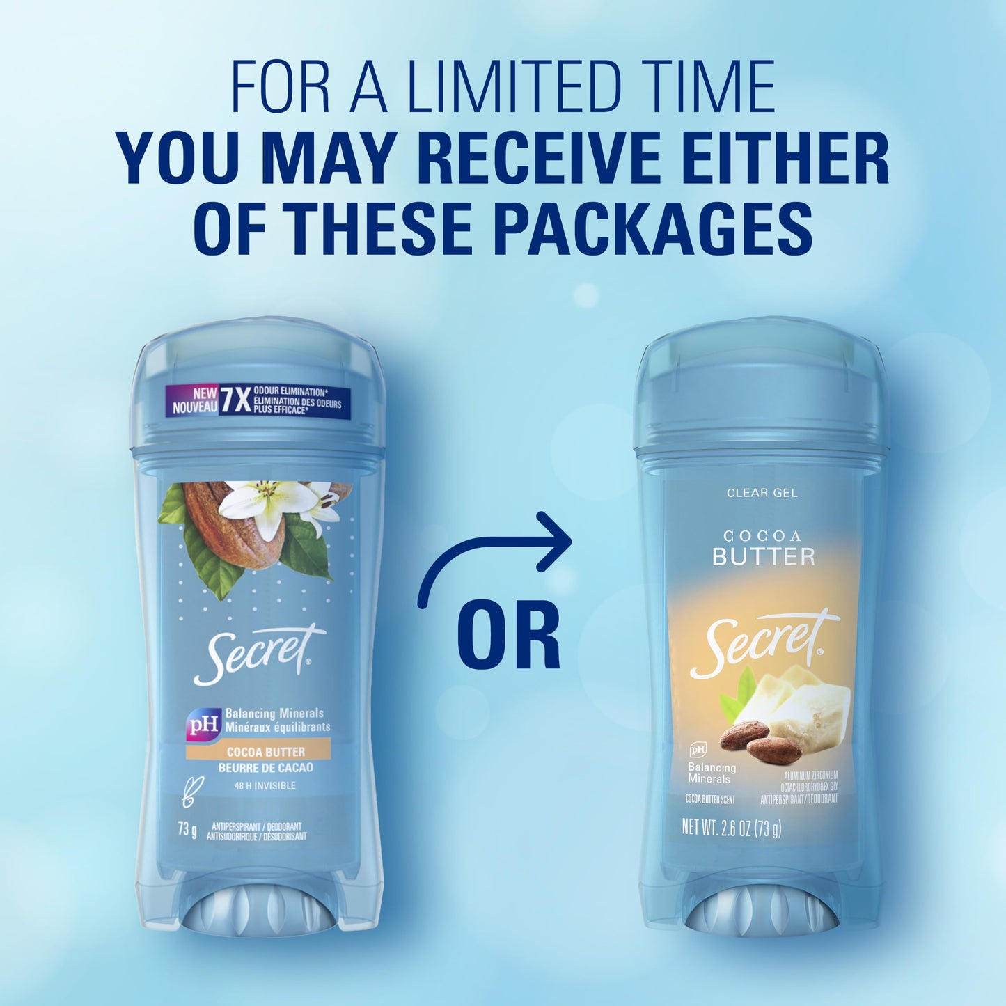Secret Fresh Antiperspirant Deodorant for Women, 72hr Breathable Sweat & Odor Protection, Instant Freshness & Gentle, PH Balancing Minerals, Clear Gel, Cocoa Butter Scent, 2.6 oz
